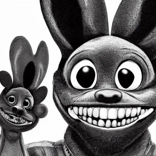 Image similar to A extremely highly detailed majestic hi-res beautiful, highly detailed head and shoulders portrait of a scary terrifying, horrifying, creepy black cartoon rabbit with scary big eyes, earing a shirt laughing maniacally , let's be friends, in the style of Walt Disney