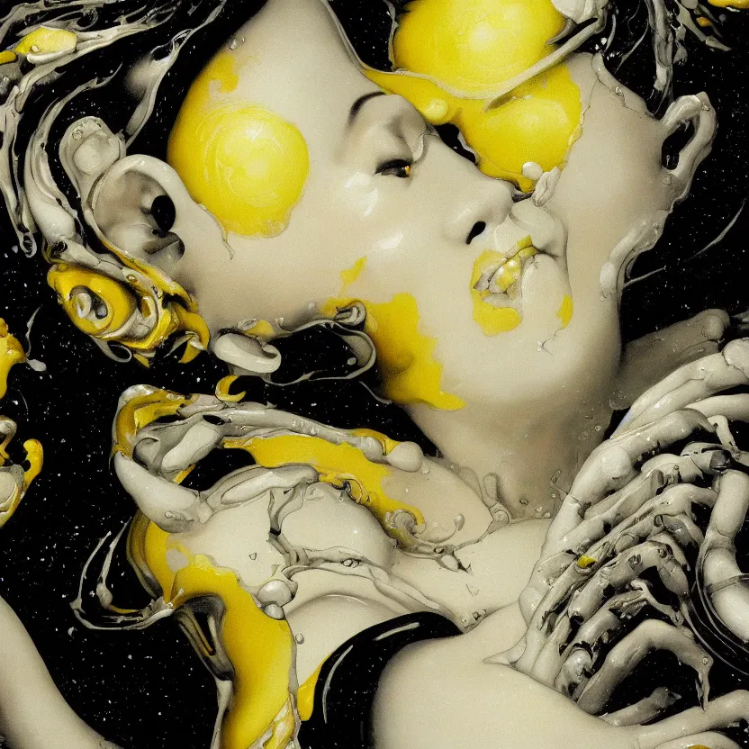 Image similar to a dark baroque close - up portrait of a vivid yellow and white porcelain being made out of white liquid sci - fi vitrified translucent ceramic marble ; china. reflective detailed textures. gloomy black background. highly detailed fantasy science fiction painting by moebius, norman rockwell, frank frazetta, and syd mead. rich colors, high contrast. artstation