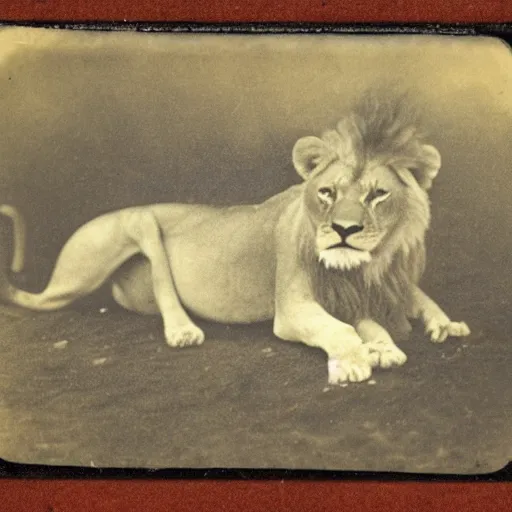 Prompt: tintype photo of a lion swimming