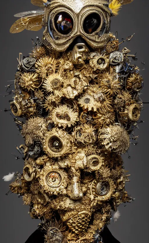 Image similar to full size golden armor, cultist robe, flower mask, ornate, made of sniny latex, feathers, crystals, and smoke by giger and irene van herpen + cyberpunk + steampunk + bees + flowers, insects, honeycombs + sharpened + extremely detailed + harsh gallery lighting + cinematic