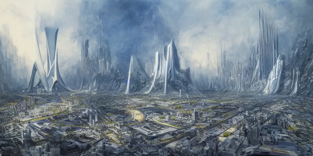 Image similar to a beautiful painting of epic fantasy islamic zaha hadid city by alan lee, trending on artstation