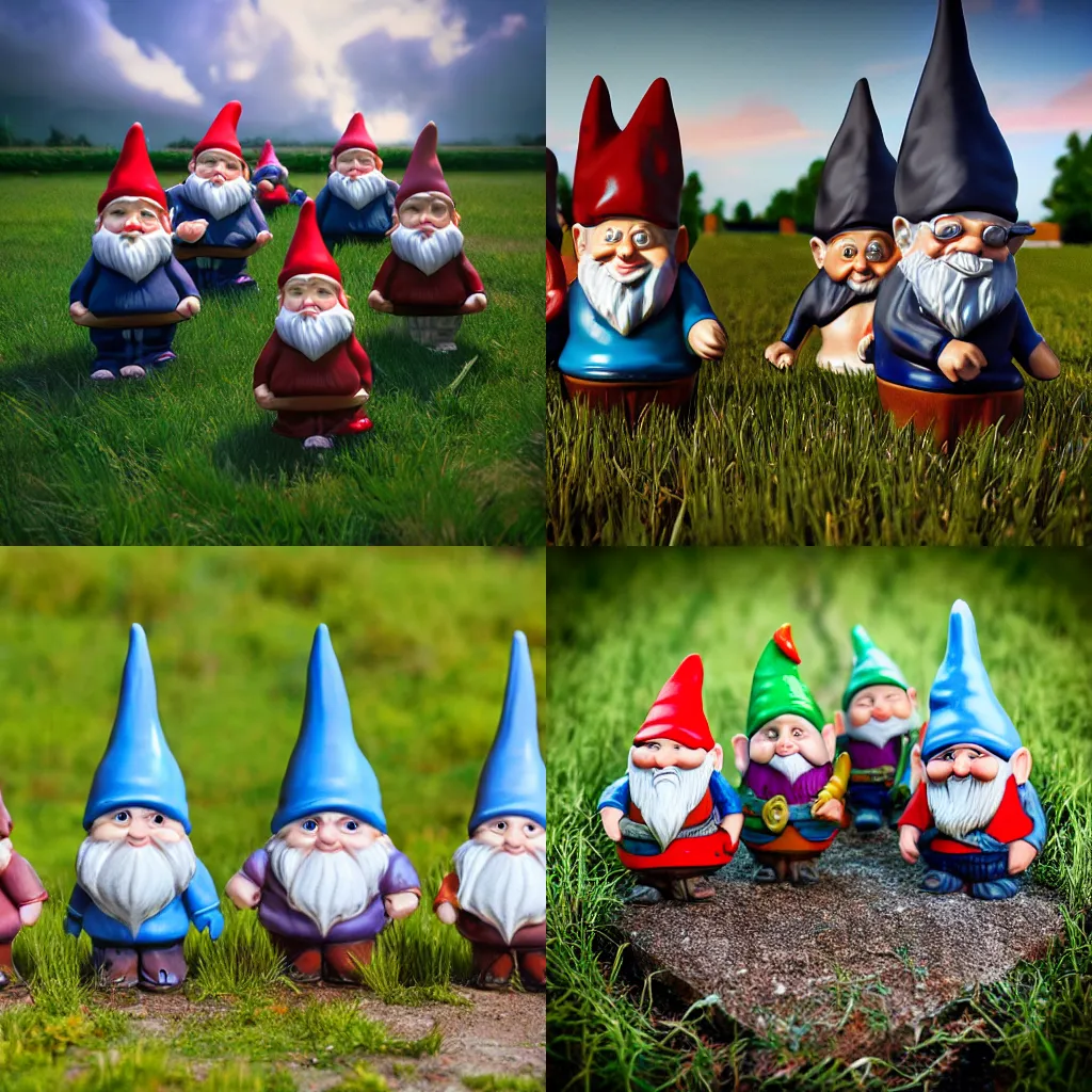 Prompt: a gnome gang, 8k, hyper realistic, photograph in the middle of a field, porcelain figures, life like, photorealism, daylight, natural lighting