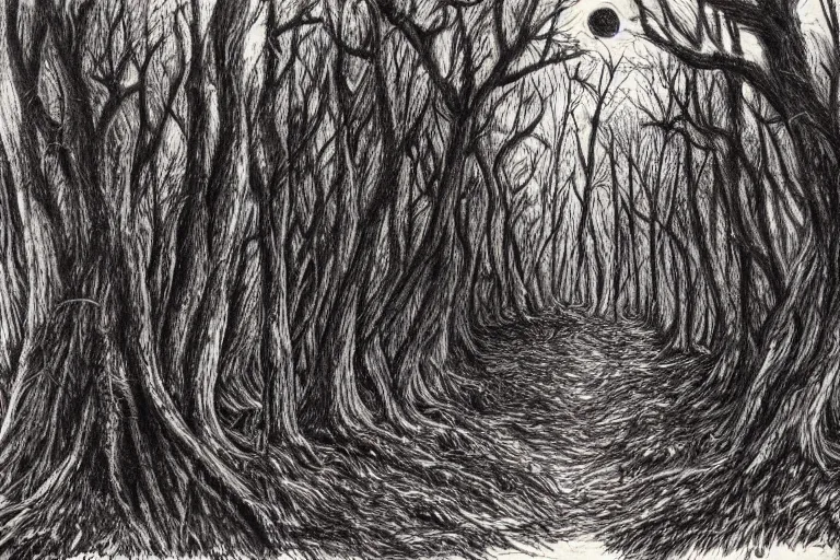 Image similar to forest of the soul, eyes of strange creatures hiding in the dark waiting to devour, snakes to strangle, cobwebs and old trees, a glimpse of hope, ink and ballpoint