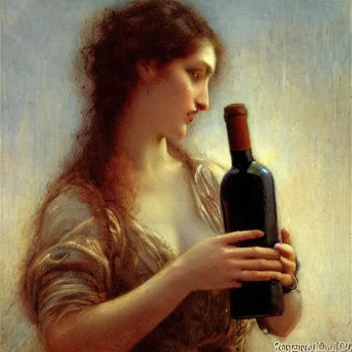 Image similar to intricate, lonely tired young woman man holding wine bottle drunk in the street, detailed, by gaston bussiere, h. r. giger, masterpiece, sharp focus,