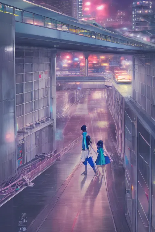 Image similar to 3d ultra realistic anime illustration, two schoolgirls and cat flying on huge japanese elevated subway at rainy night. deep and complex composition. pastel smooth colors. style of Hiro Kiyohara anime. redshift, octane, trending on artstation, cinematic, oil painting