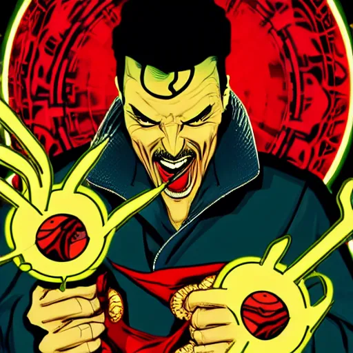 Image similar to artgerm, psychedelic laughing cybertronic dr. strange, rocking out, headphones dj rave, digital artwork, r. crumb, svg vector