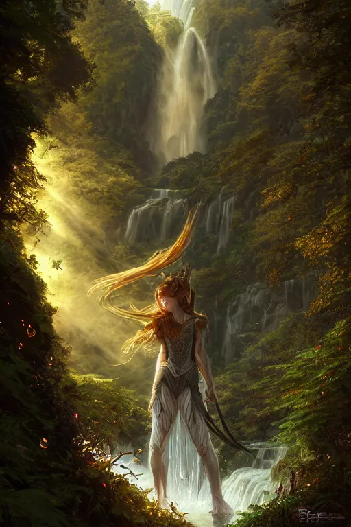 Image similar to detailed intricate digital illustration by greg rutkowski and artgerm and wlop and sanford robinson gifford ; girl standing in gothic fantasy valley and waterfall faerie fey unseelie in background ; 1 3 mm film, arri alfa anamorphic lens ; sharp focus, golden hour, fireflies ; trending on artstation 8 k close view