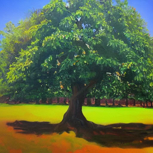 Prompt: a giant tree in the middle of a park, oil painting