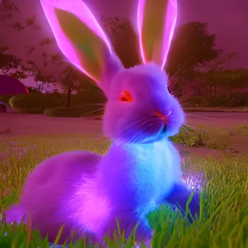 Image similar to neon fluorescent, iridescent cute bunny rabbits with fairy wings cyperpunk 2 0 7 7, unreal engine 5, 8 k ultra realistic, hyperdetailed, volumetric lighting, extremely high quality