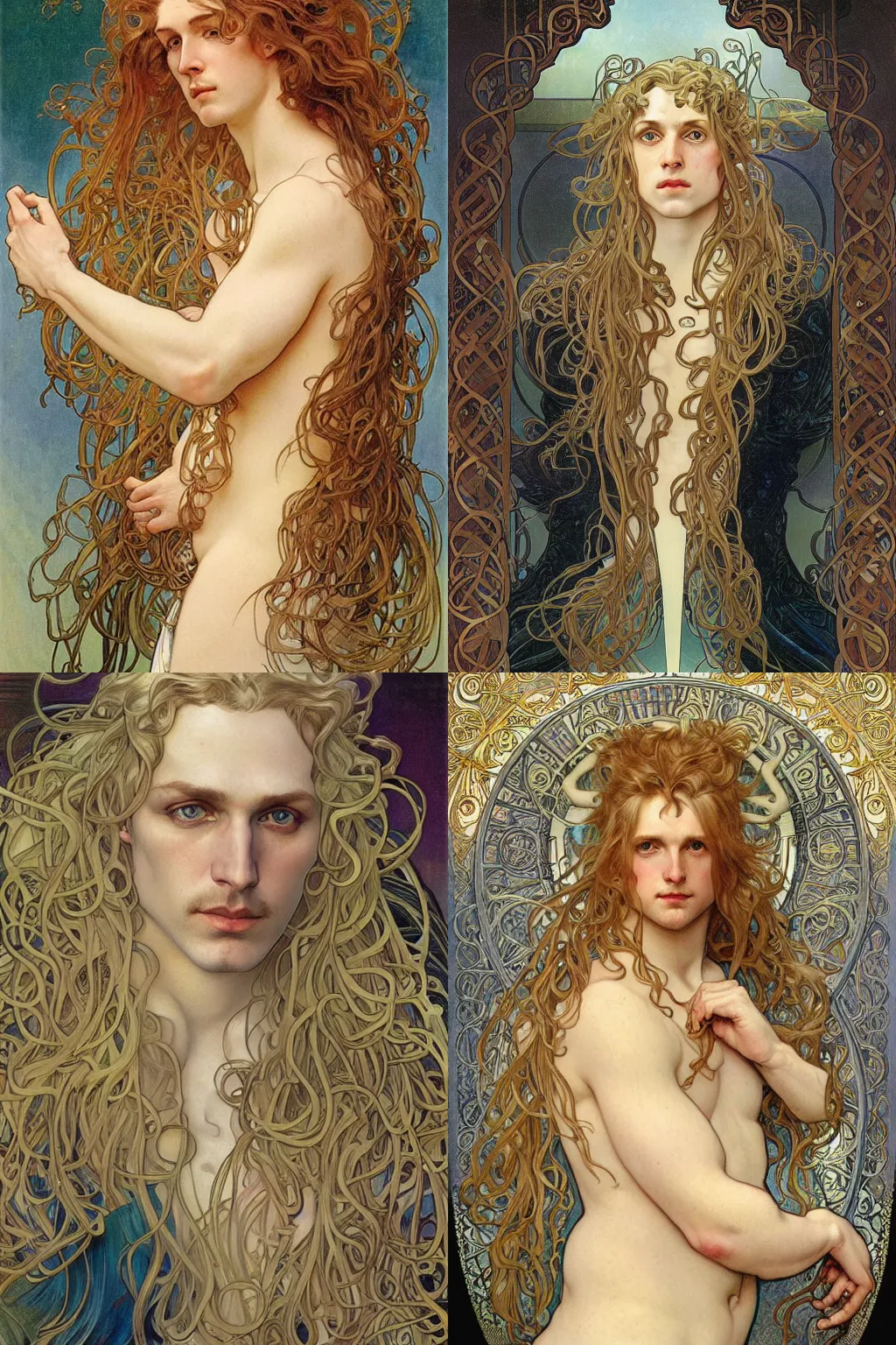 Prompt: detailed portrait of a pale blond German man with long curly blond hair, male by Alphonse Mucha, Amano, Karol Bak, Greg Hildebrandt, Jean Delville, and Mark Brooks, Art Nouveau, Neo-Gothic, gothic, rich bright scintillating colors