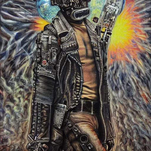 Prompt: a high detailed hyper - detailed painting of a rebel cyborg humanoid with a leather jacket, he wants to help free humans and eliminate the governments of the earth so that people can live in freedom and self - government but for that he needs to help raise human and robotic knowledge, psychedelic surreal magical dystopian technological utopian psycho spiritual art, chaotic anarchist art fulcolor