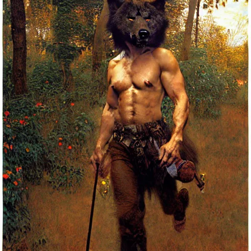 Image similar to a male boarwolfman boar wolf man wearing a shirt furry arms furry body walking stick new york. furaffinity furry art detailed face painting by gaston bussiere craig mullins jc leyendecker gustav klimt artgerm greg rutkowski furry