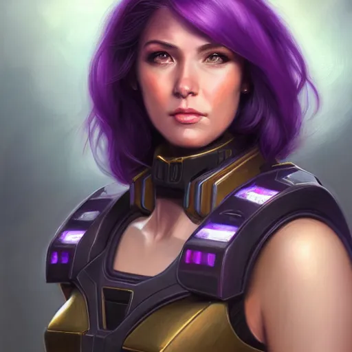 Image similar to a portrait of a very beautiful woman in battletech elemental clanner clan battle armor, Alexandria\'s genesis, chin-length purple hair, bored, illustration, soft lighting, soft details, painting oil on canvas by mark arian by artgerm, trending on artstation, 4k, 8k, HD