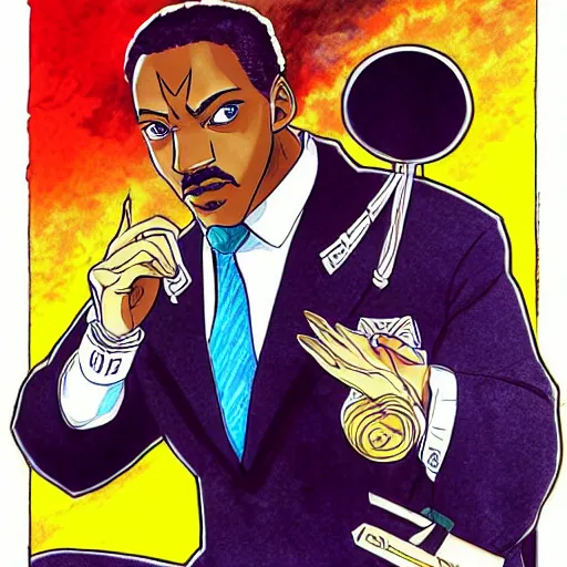 Image similar to Martin Luther King as JoJo from JoJo\'s Bizarre Adventure, anime drawing by Oda Eiichiro