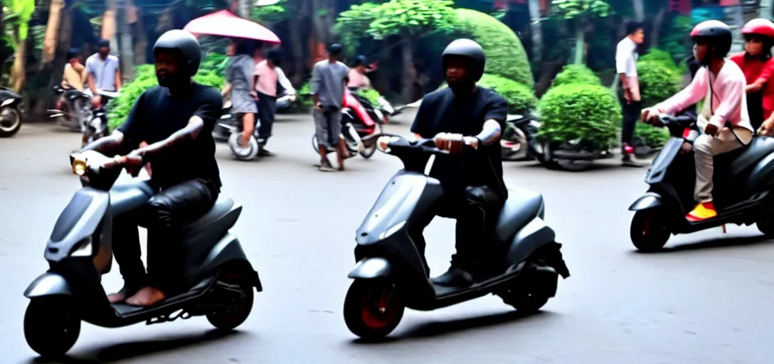 Image similar to close up shot of kanye west riding scooter in hanoi, a photo in daylight