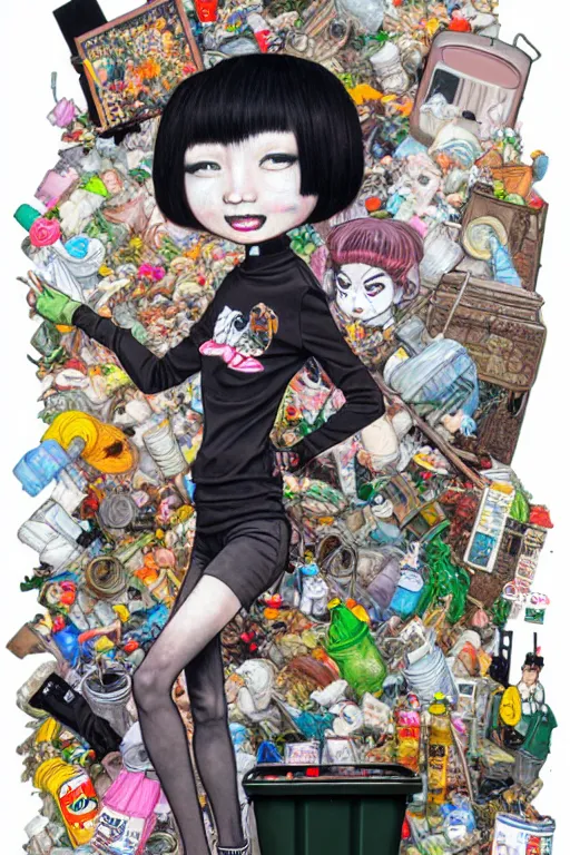 Prompt: full view, from a distance, of anthropomorphic trashcan from tokyo, full of trash, style of yoshii chie and hikari shimoda and martine johanna, highly detailed