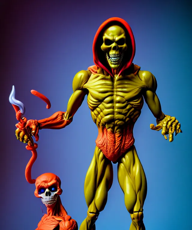 Image similar to hyperrealistic rendering, skeletor, by art of skinner and richard corben and jeff easley, product photography, action figure, sofubi, studio lighting, colored gels