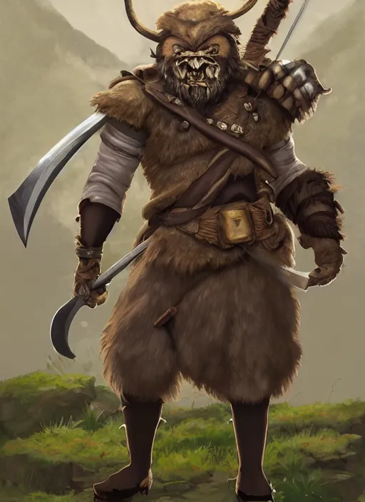 Image similar to strong young man, photorealistic bugbear ranger holding aflaming sword, black beard, dungeons and dragons, pathfinder, roleplaying game art, hunters gear, jeweled ornate leather and steel armour, concept art, character design on white background, by studio ghibli, makoto shinkai, kim jung giu, poster art, game art