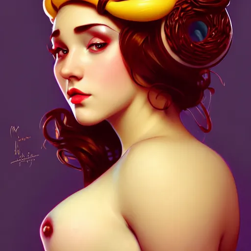 Image similar to curvy woman with a bundt cake on her head, digital art, cinematic, concept art, 8k, painting, imaginefx, cgsociety, art nouveau, Alphonse Mucha, trending on artstation, medium shot, head shot