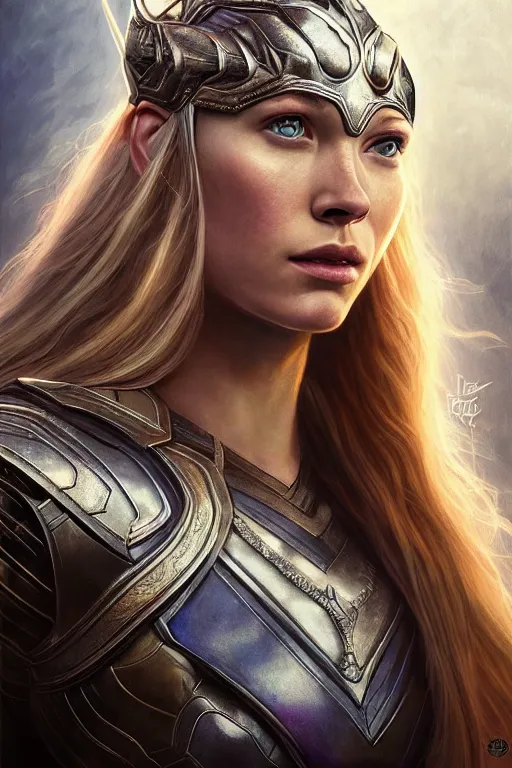 Prompt: Majestic and regal portrait of a female Thor, Marvel universe, Perfect face, beautiful, intricate, epic, elegant, menacing, fantasy, highly detailed, digital painting, hard focus, beautiful volumetric lighting, epic light, ultra detailed, by Leesha Hannigan, Ross Tran, Thierry Doizon, Kai Carpenter, Ignacio Fernández Ríos