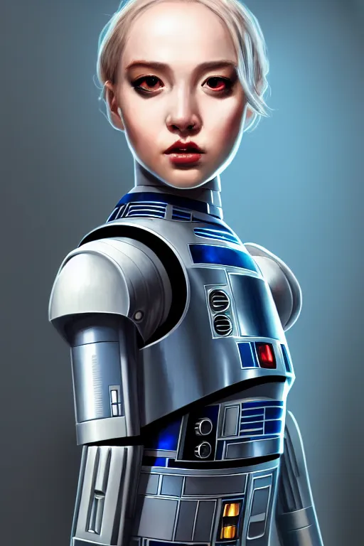 Image similar to a portrait of android girl as r 2 d 2 droid, humanization, humanized, grim - lighting, high - contrast, intricate, elegant, highly detailed, digital painting, artstation, concept art, smooth, sharp focus, illustration