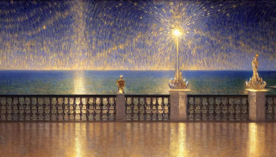 Image similar to a ultradetailed beautiful painting of the night sky of the rio de janeiro palace balustrade designed by jules bastien - lepage, tarsila do amaral, frank weston and gustave baumann, beach, trending on artstation, mediterranean, palm trees, sharp focus, lightning sparkles refraced lines, soft light, 8 k 4 k