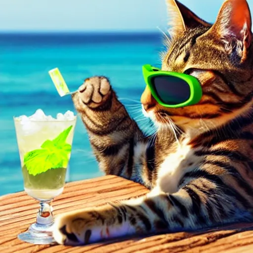 Prompt: a cat with sunglasses relaxing and drinking a mojito on the beach