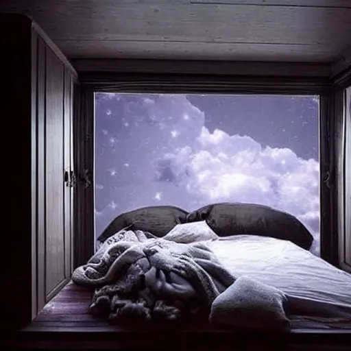 Image similar to Cozy bedroom aboard a flying ship window looks on moonlit clouds and stars, soft bed blankets log cabin walls hyperrealism