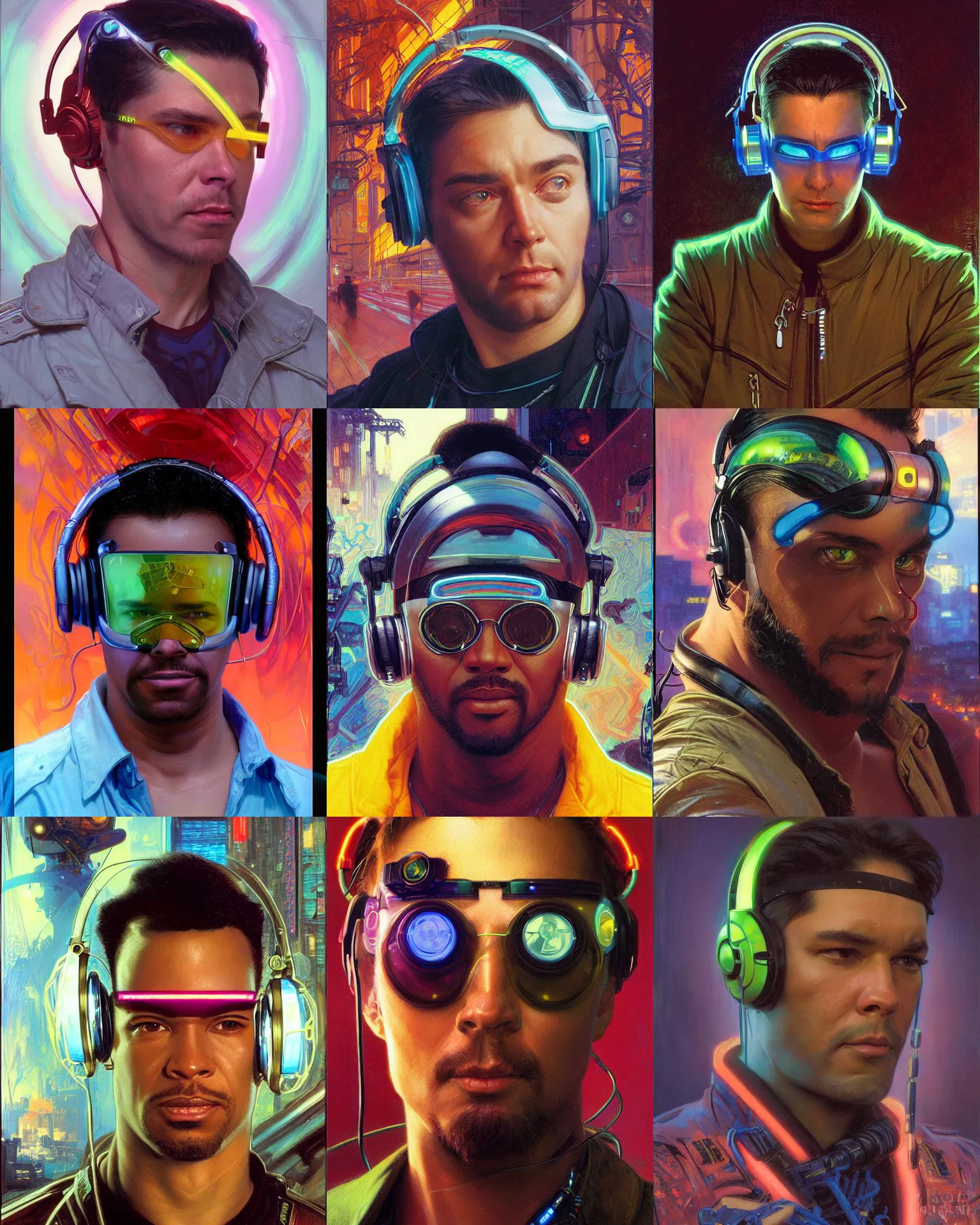 Prompt: digital neon cyberpunk male with geordi eye visor and headphones headshot portrait painting by donato giancola, kilian eng, john berkey, j. c. leyendecker, alphonse mucha