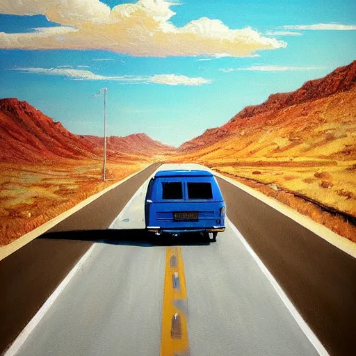 Prompt: a beautiful painting of a lone blue van driving down a single highway running through a deserted nevada highway, drawn by todd macfarlane and greg rutkowski.