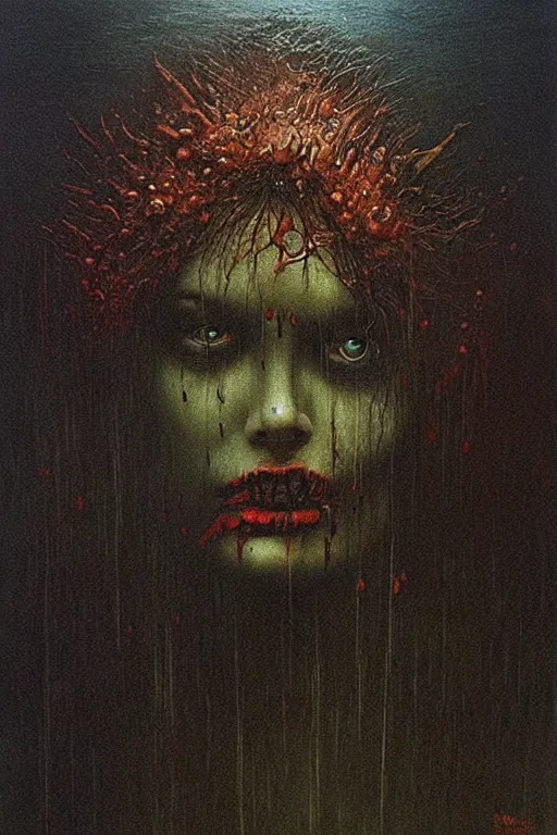 Prompt: queen of darkness painting in the style of beksinski, violent, beautiful, atmospheric, rain, high detail, ultra realistic