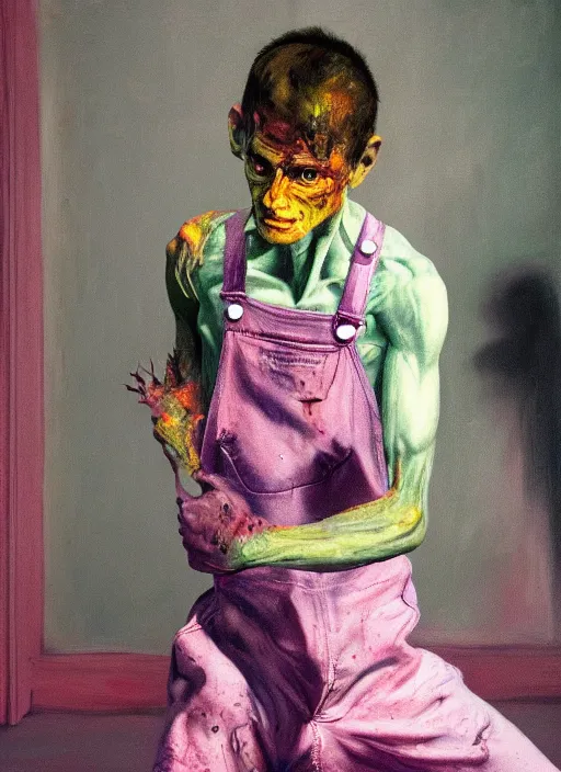 Image similar to an expressive skinny artist wearing overalls physically fighting with a ghost, inside a grand studio, depth of field, hauntingly surreal, highly detailed oil painting, by francis bacon, edward hopper, adrian ghenie, glenn brown, soft light 4 k, green and pink colour palette, cinematic composition, cinematic lighting, high quality octane render, masterpiece