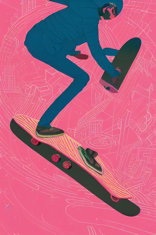 Image similar to a man riding a skateboard on top of a pink surface, poster art by victo ngai, ori toor, kilian eng behance contest winner, crystal cubism, poster art, cubism, tarot card, psychedelic art, concert poster, poster art, maximalist