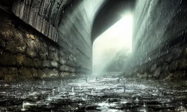 Prompt: beautiful photograph of a vertical tunnel made of raindrops, between a dried up river and the sun, highly-detailed, fantastic, dramatic lighting, artstation, 4k