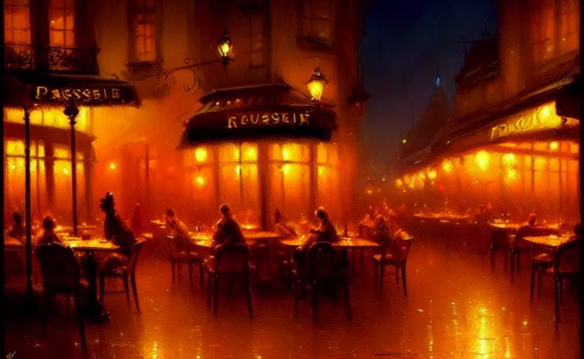 Image similar to parisian restaurant at night, by Greg Rutkowski and Gaston Bussiere, beautiful volumetric-lighting-style atmosphere, futuristic atmosphere, intricate, detailed, photorealistic imagery, artstation, by Evgeny Lushpin