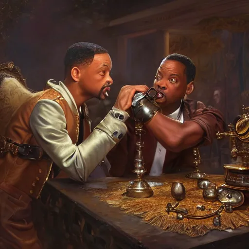 Image similar to Will smith slapping chris rock, Realistic, Regal, Refined, Detailed Digital Art, Michael Cheval, Walt Disney (1937), François Boucher, Oil Painting, Steampunk, Highly Detailed, Cinematic Lighting, Unreal Engine, 8k