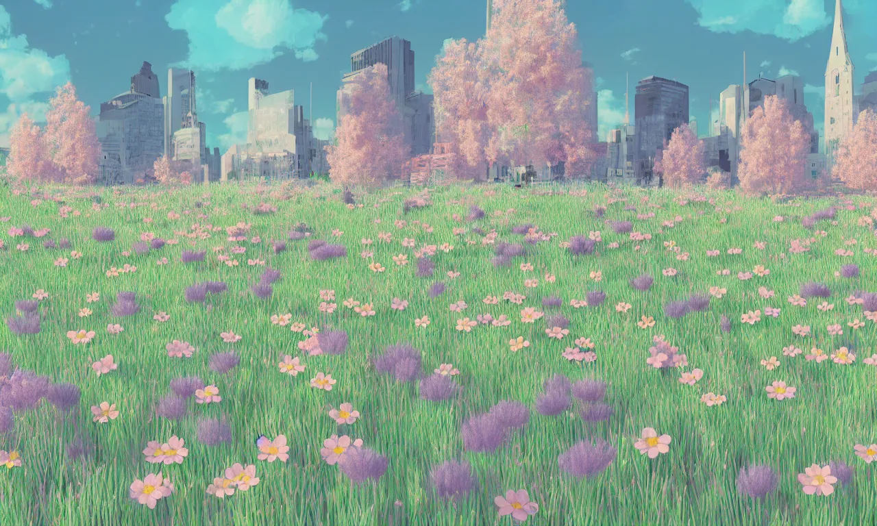 Prompt: meadow flowers, pastel colors, nordic noire, cityscape, digital art, 3 d illustration