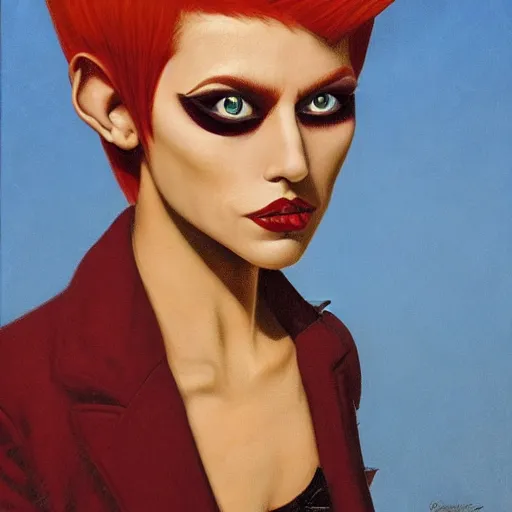 Image similar to portrait of a nonbinary actor with tanned skin and spiky short red hair wearing a men's suit, she has elf ears and gold eyes, by Gerald Brom and Grant Wood