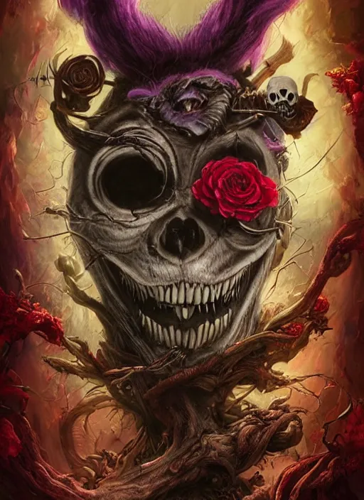 Image similar to Angry Cheshire Cat brewing tea, Death Tarot card,highly detailed,half skull face,cinematic,8k,by Stanley Artgermm,Tom Bagshaw,Greg Rutkowski,Carne Griffiths, Ayami Kojima, Beksinski, Giger,trending on DeviantArt,hyper detailed,horror, full of colour