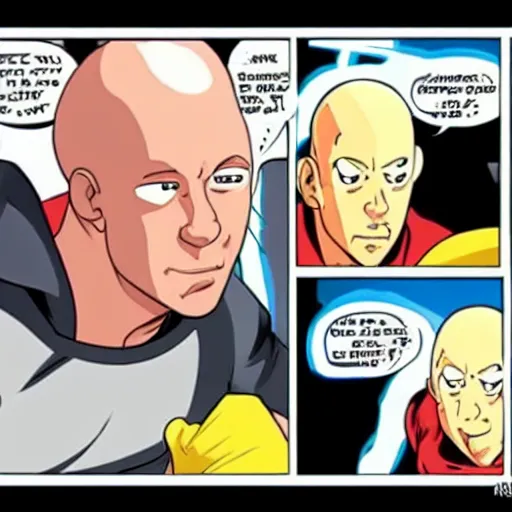 Image similar to long shot of tiny vin diesel as saitama punching a car into space