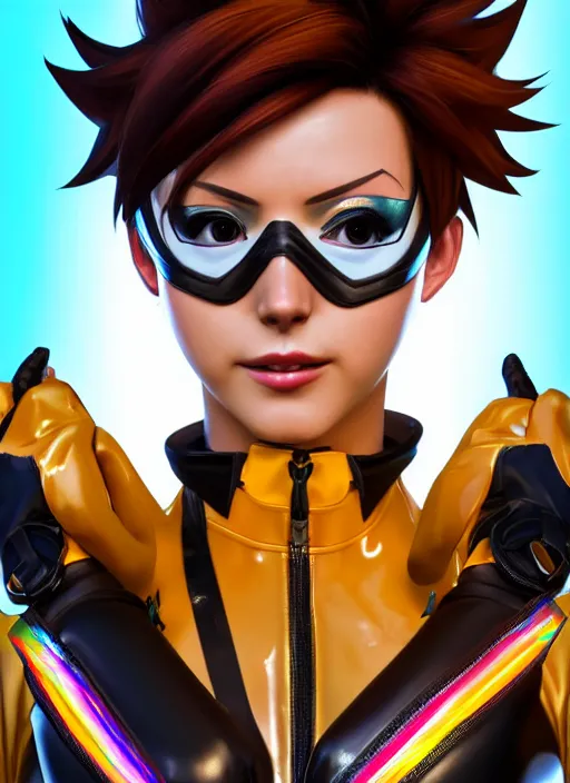 Image similar to portrait bust digital artwork of tracer overwatch, wearing iridescent rainbow latex and leather straps catsuit outfit, 4 k, expressive happy face, makeup, in style of mark arian, angel wings, wearing detailed leather collar, chains, black leather harness, detailed face and eyes,