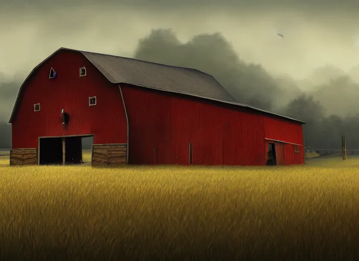 Prompt: A barn at an Iowan farm, barndoors broken open, game art matte painting hyperdetailed, artstation, cgsociety, 8k, surreal dream landscape