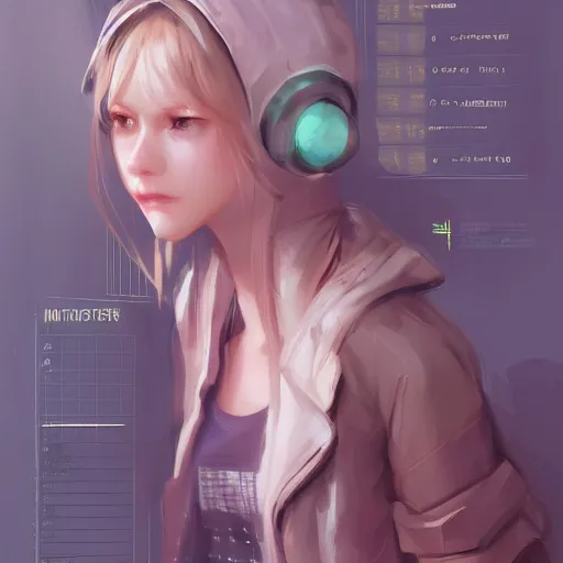 Image similar to character sheet cute girl hacker, digital art by wlop. character design concept art. artstation contest winner, blade runner, scifi, candy girl