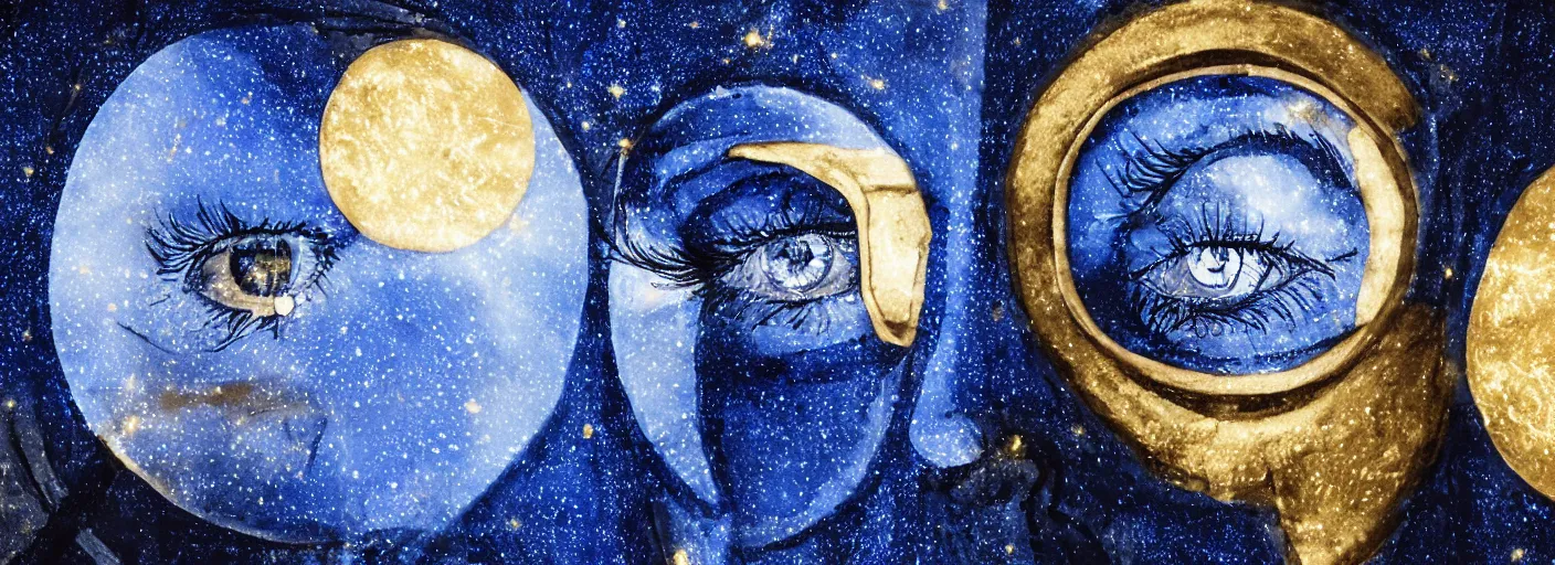 Prompt: the longest night reflected in the eye, awardwinning portrait photography, symmetrical cloaked figure face, ultramarine blue and gold astronomical star constellations and watch gears, moon and candle