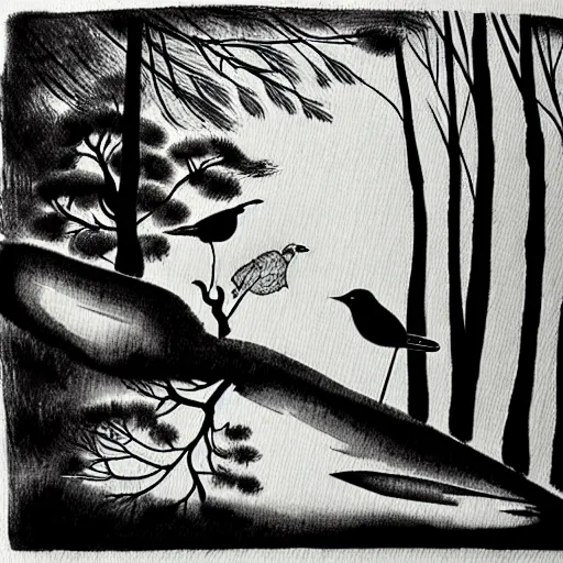 Image similar to zen, forest, birds, ink