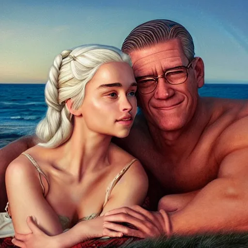 Image similar to beautiful serene intricate portrait of daenerys targaryen and hank hill taking a selfie, smiling softly, relaxing on the beach, golden hour, soft focus, 8 k, art by irakli nadar, hyperrealism, hyperdetailed, ultra realistic