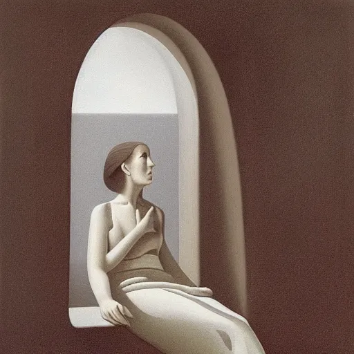 Image similar to dismal, realist contre jour by kay sage. a land art of a beautiful young woman seated at a window, looking out at the viewer with a serene expression on her face. the light from the window illuminates her features & creates a warm, inviting atmosphere. the essence of beauty & tranquility.