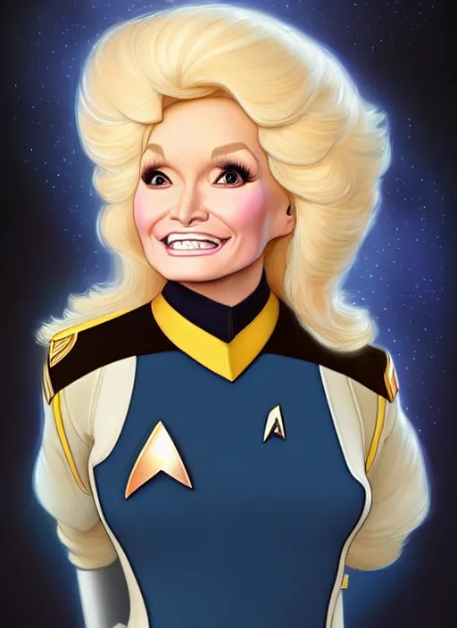 Image similar to cute star trek officer dolly parton, natural lighting, path traced, highly detailed, high quality, digital painting, by don bluth and ross tran and studio ghibli and alphonse mucha, artgerm