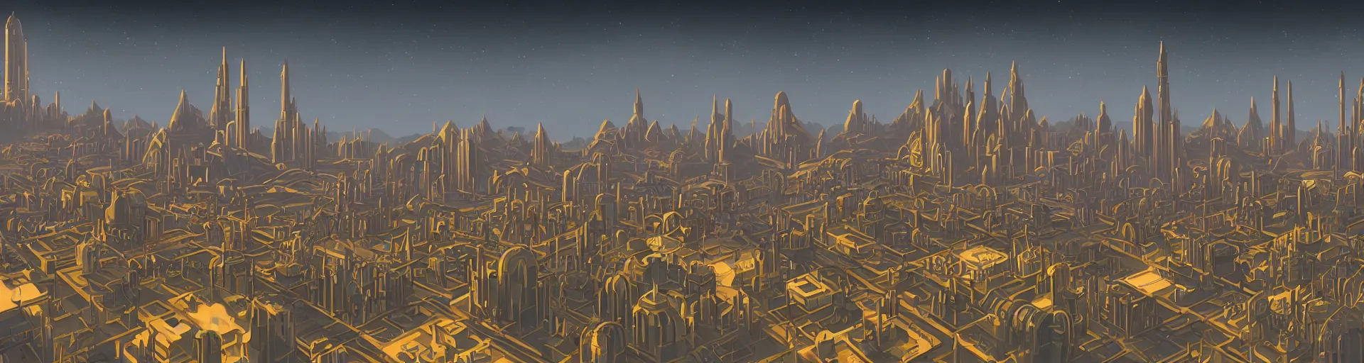 Image similar to a wide landscape shot of a dwarven city with retrofuturist art deco architecture