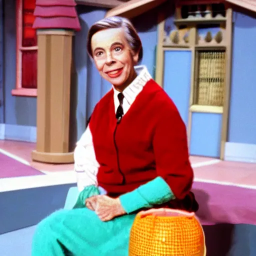 Prompt: lady aberlin in mister rogers land of make believe 1960s TV studio promotional color still